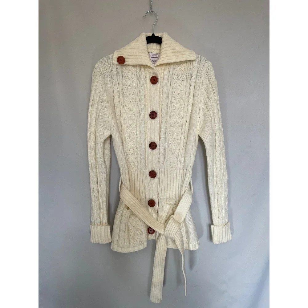 Vintage Late 1980s/Early 1990s Maeve Cable Knit Belted Cardigan Sweater, Large